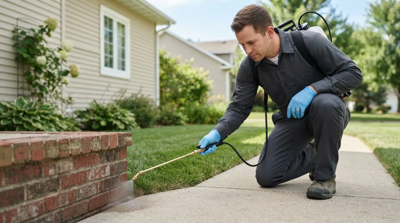 Pest control technician treating a home near Angelus Oaks, CA