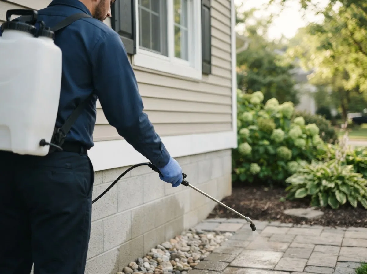 Pest control technician inspecting a home in Angelus Oaks, CA